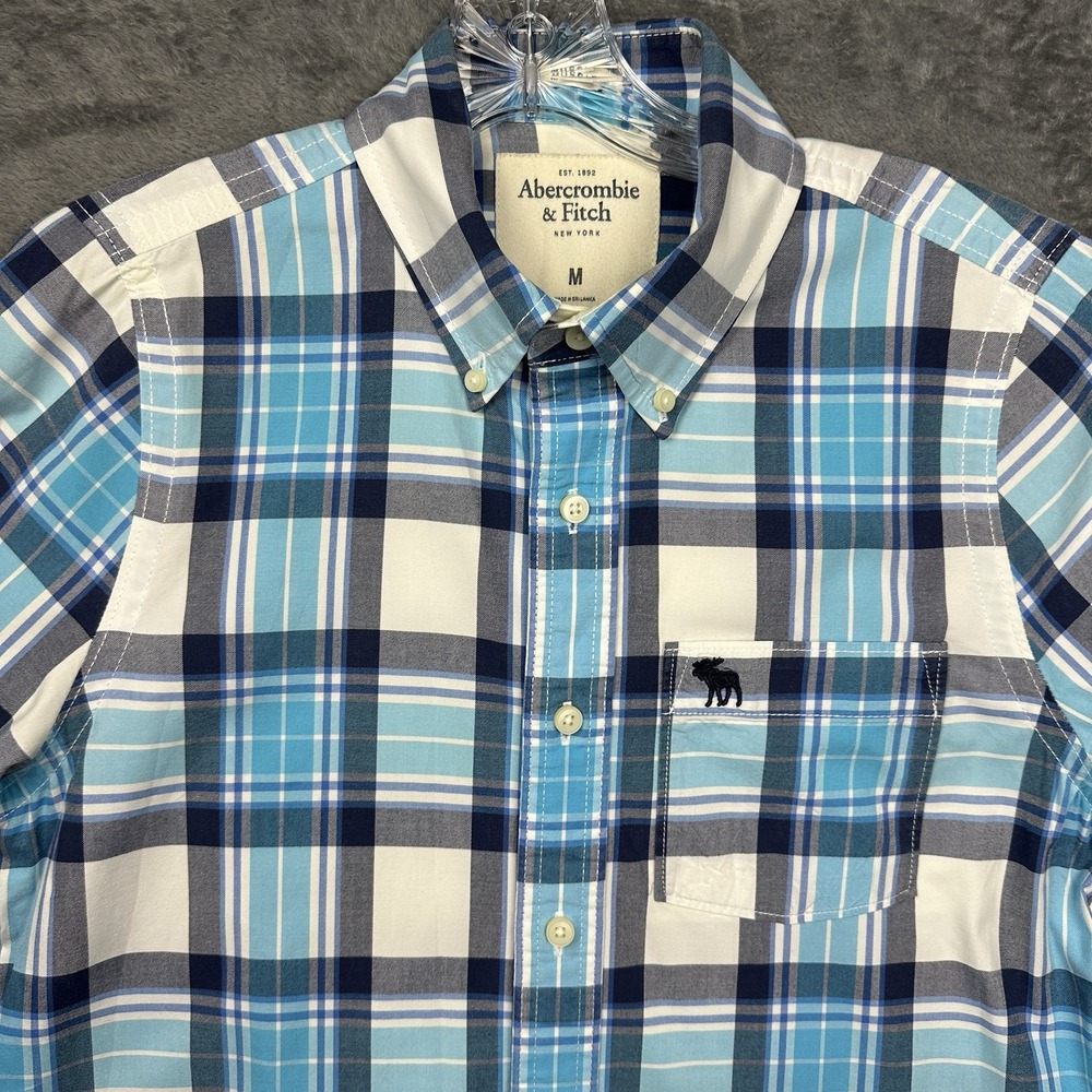 Abercrombie Fitch Shirt Men's Medium Blue Gray Plaid Muscle Button Down Twill
